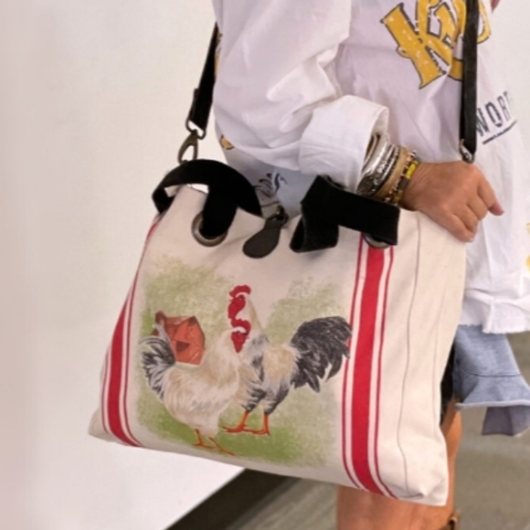Vintage Addiction Rooster Red French Stripe Canvas Tote Crossbody Bag NEW - Picture 2 of 7